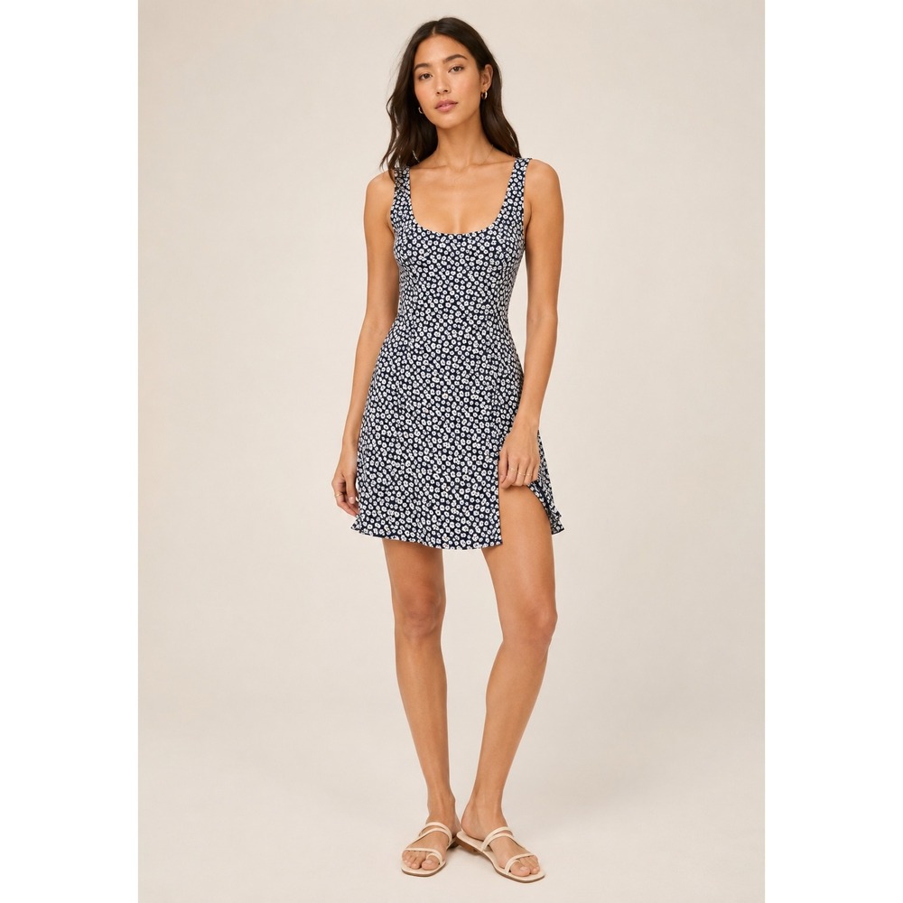 Reformation Navy Blue Daisy Floral Mini Dress Scoop Neck Front Slit Size 6